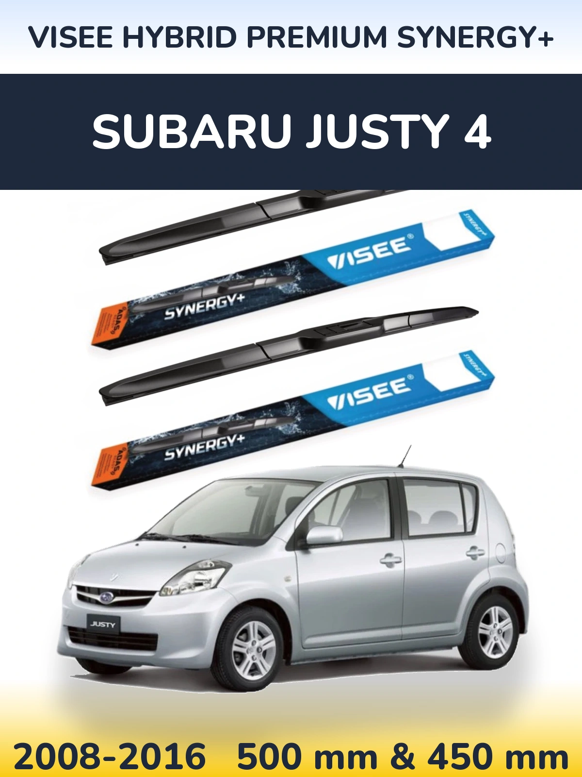 Front wiper blade set VISEE HYBRID PREMIUM SYNERGY+ 500 & 450 mm for Subaru Justy 4 2008-2016