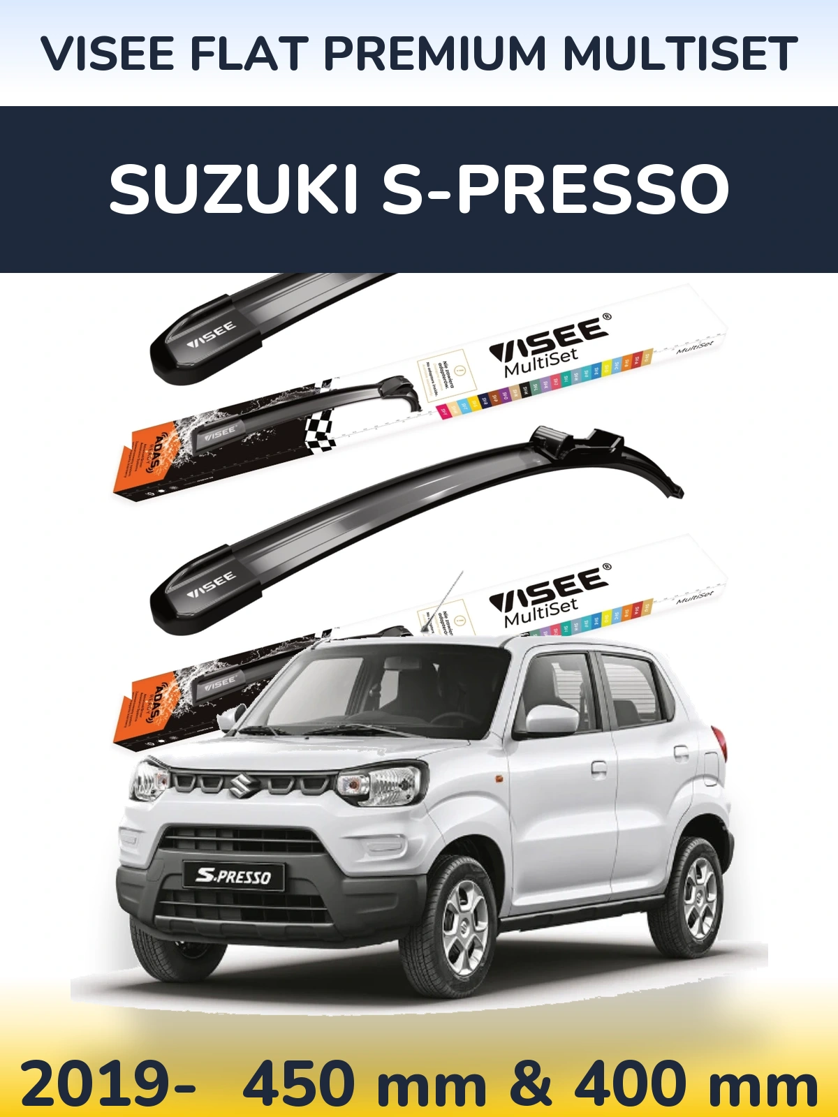 Front wiper blade set VISEE FLAT PREMIUM MultiSet 450 & 400 mm for Suzuki S-Presso 2019-2026