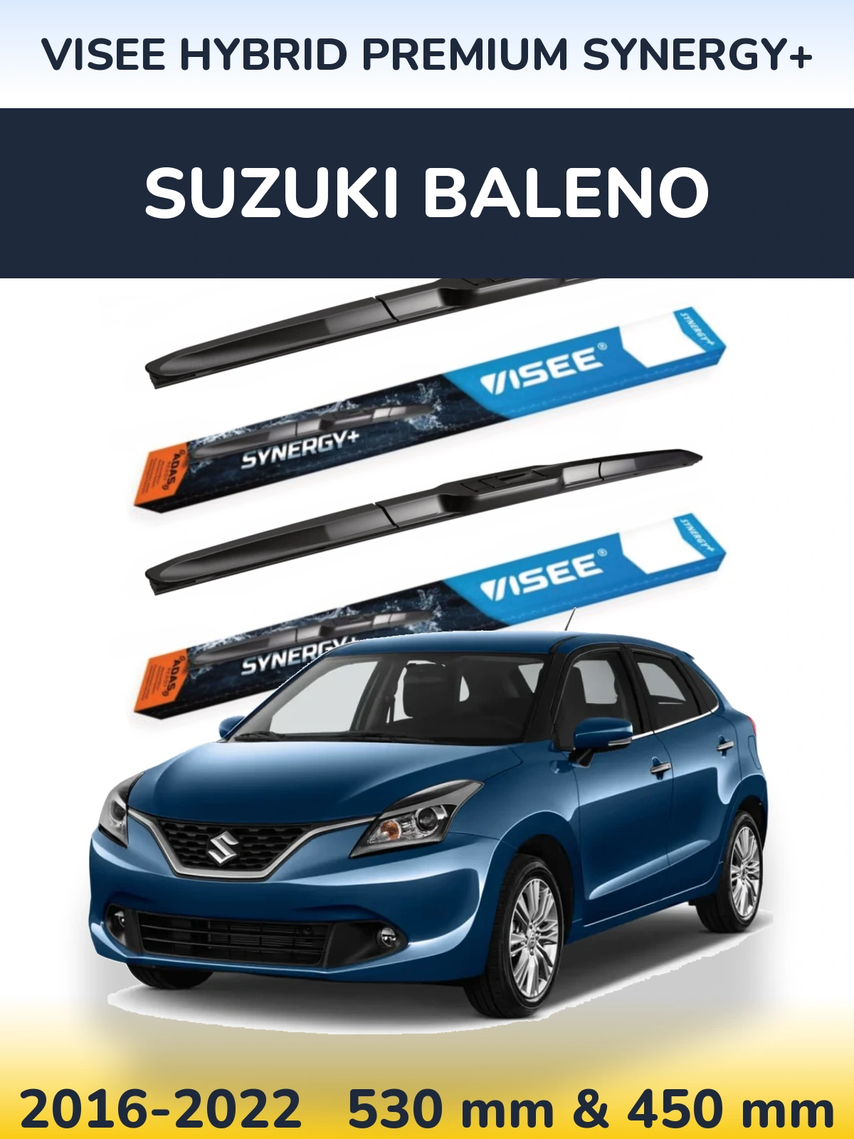 Front wiper blade set VISEE HYBRID PREMIUM SYNERGY+ 530 & 450 mm for Suzuki Baleno 2016-2022