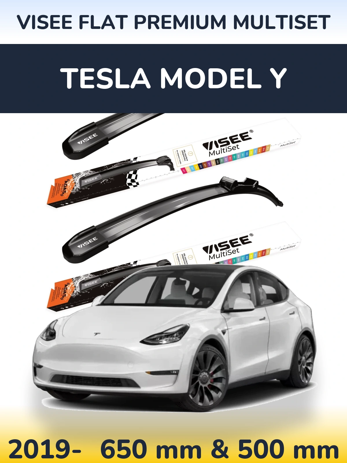 Front wiper blade set VISEE FLAT PREMIUM MultiSet 650 & 500 mm for Tesla Mudel Y 2019-2026