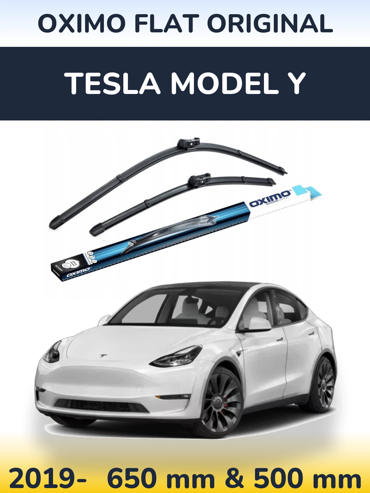 Front wiper blade set Oximo Flat Original 650 & 500 mm for Tesla Mudel Y 2019-2026