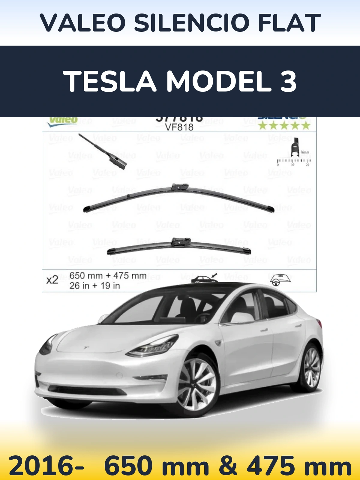 Front wiper blade set Valeo Silencio Flat 650 & 475 mm for Tesla Model 3 2016-2026