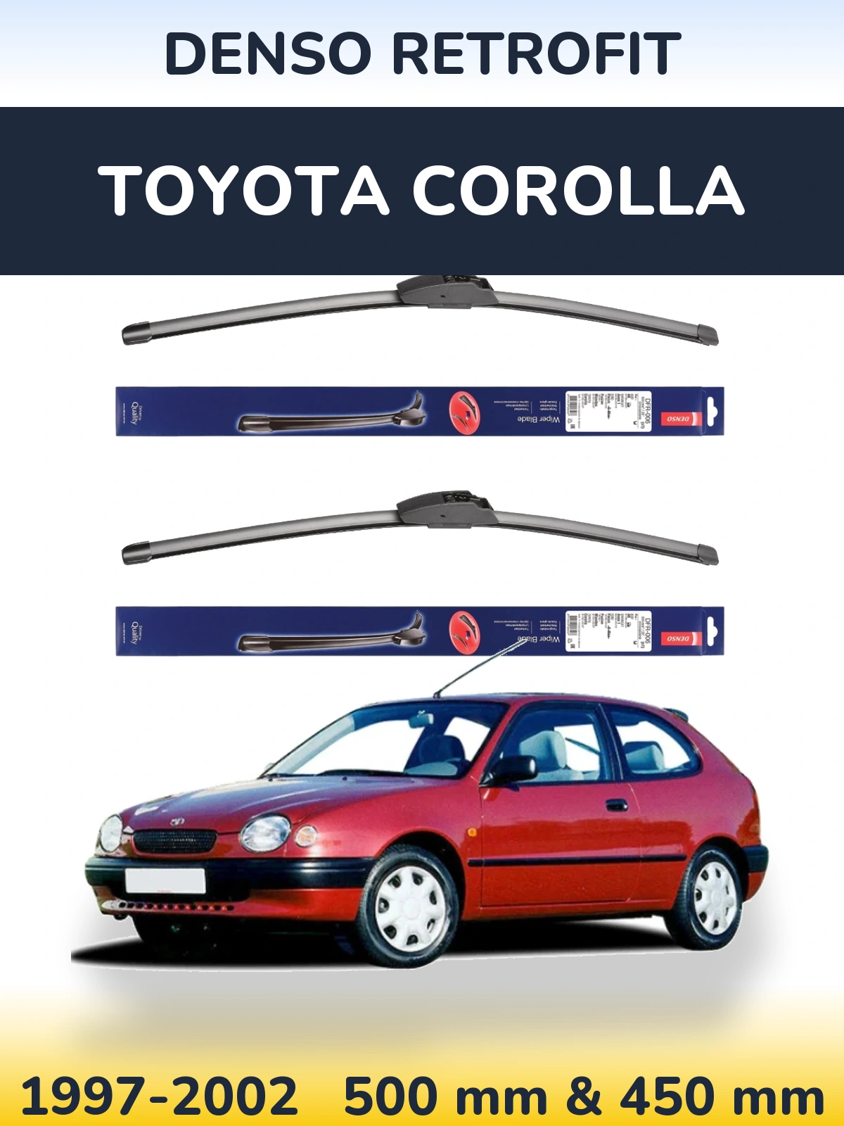 Front wiper blade set Denso Retrofit 500 & 450 mm for Toyota Corolla 1997-2002
