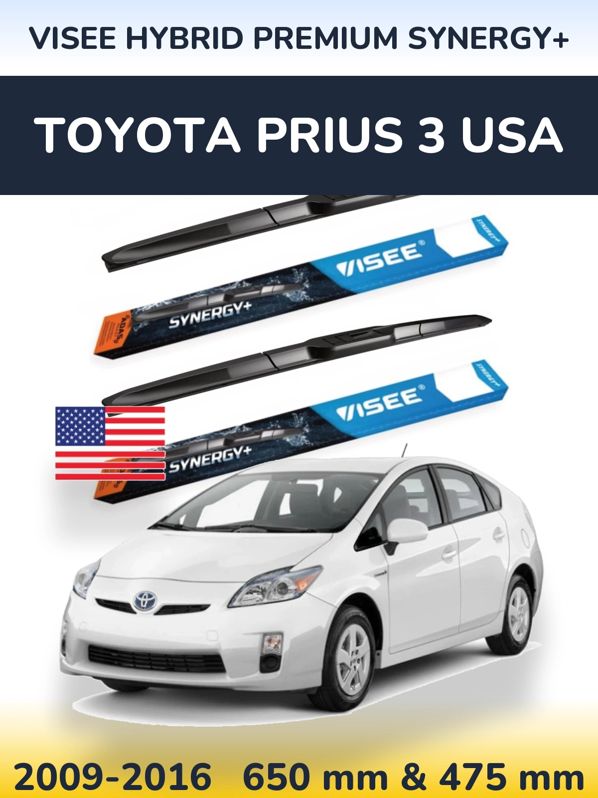 Комплект передних дворников VISEE HYBRID PREMIUM SYNERGY+ 650 & 475 мм для Toyota Prius 3 USA 2009-2016