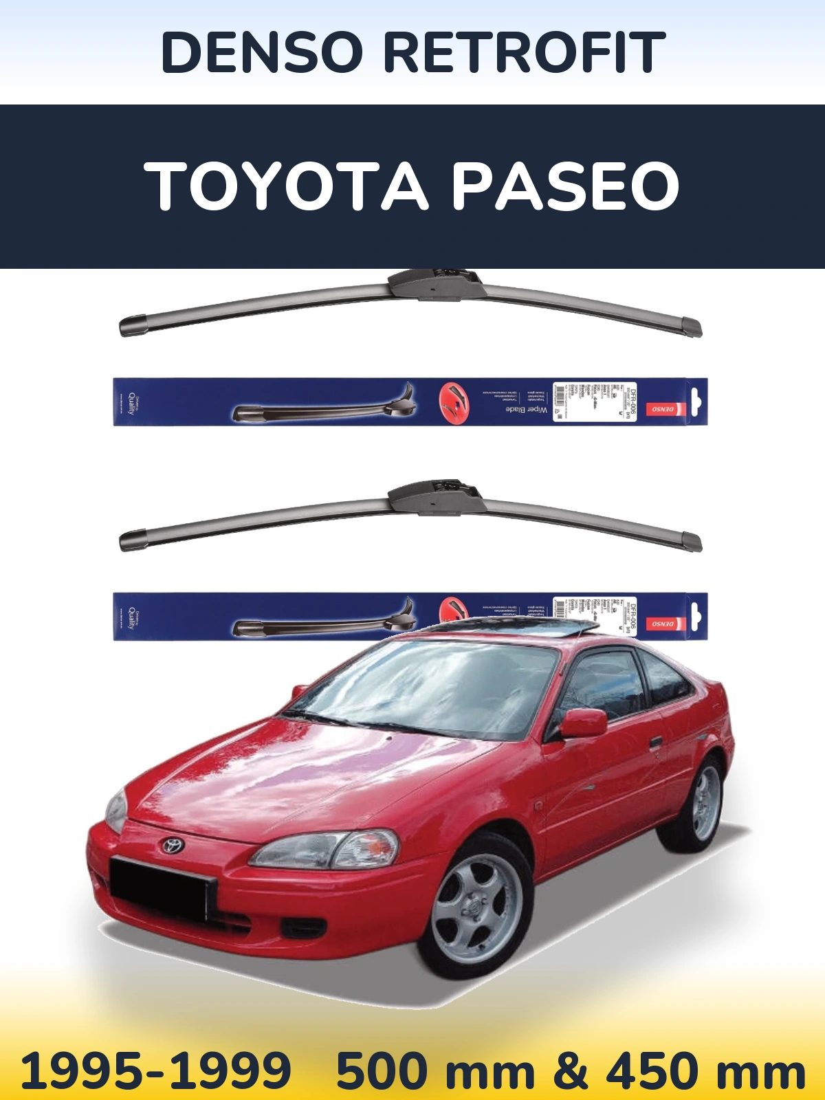 Front wiper blade set Denso Retrofit 500 & 450 mm for Toyota Paseo 1995-1999
