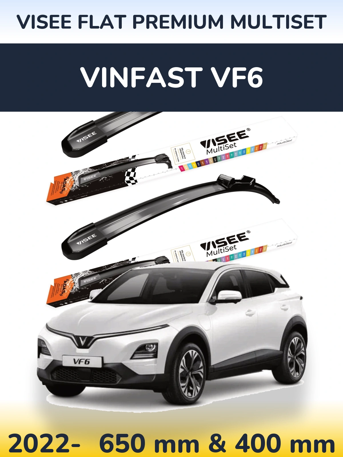 Комплект передних дворников VISEE FLAT PREMIUM MultiSet 650 & 400 мм для Vinfast VF6 2022-2026