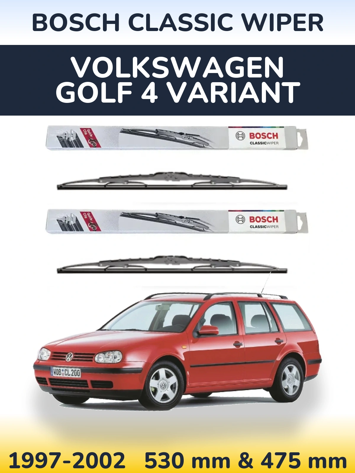 Комплект передних дворников BOSCH Classic Wiper 530 & 475 мм для Volkswagen Golf 4 Variant 1997-2002