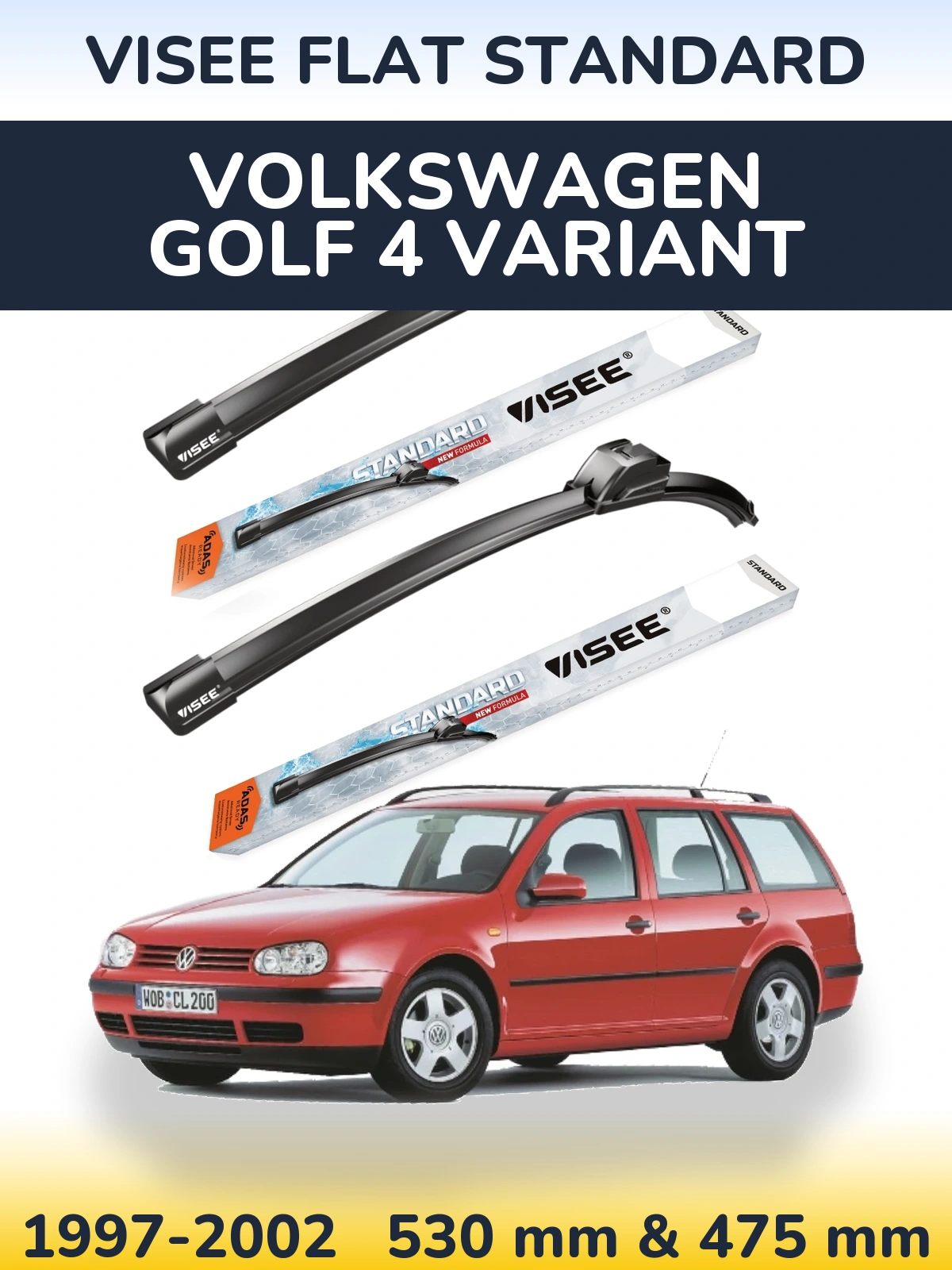 Комплект передних дворников VISEE FLAT STANDARD 530 & 475 мм для Volkswagen Golf 4 Variant 1997-2002