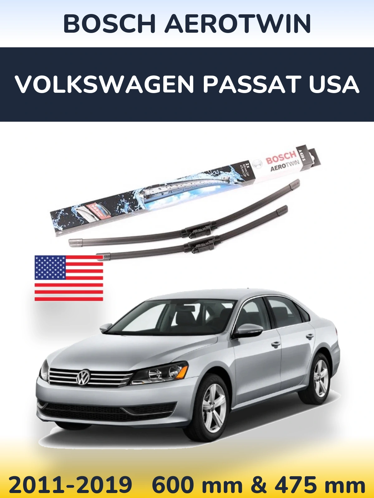 Комплект передних дворников BOSCH AeroTwin 600 & 475 мм для Volkswagen Passat USA 2011-2019