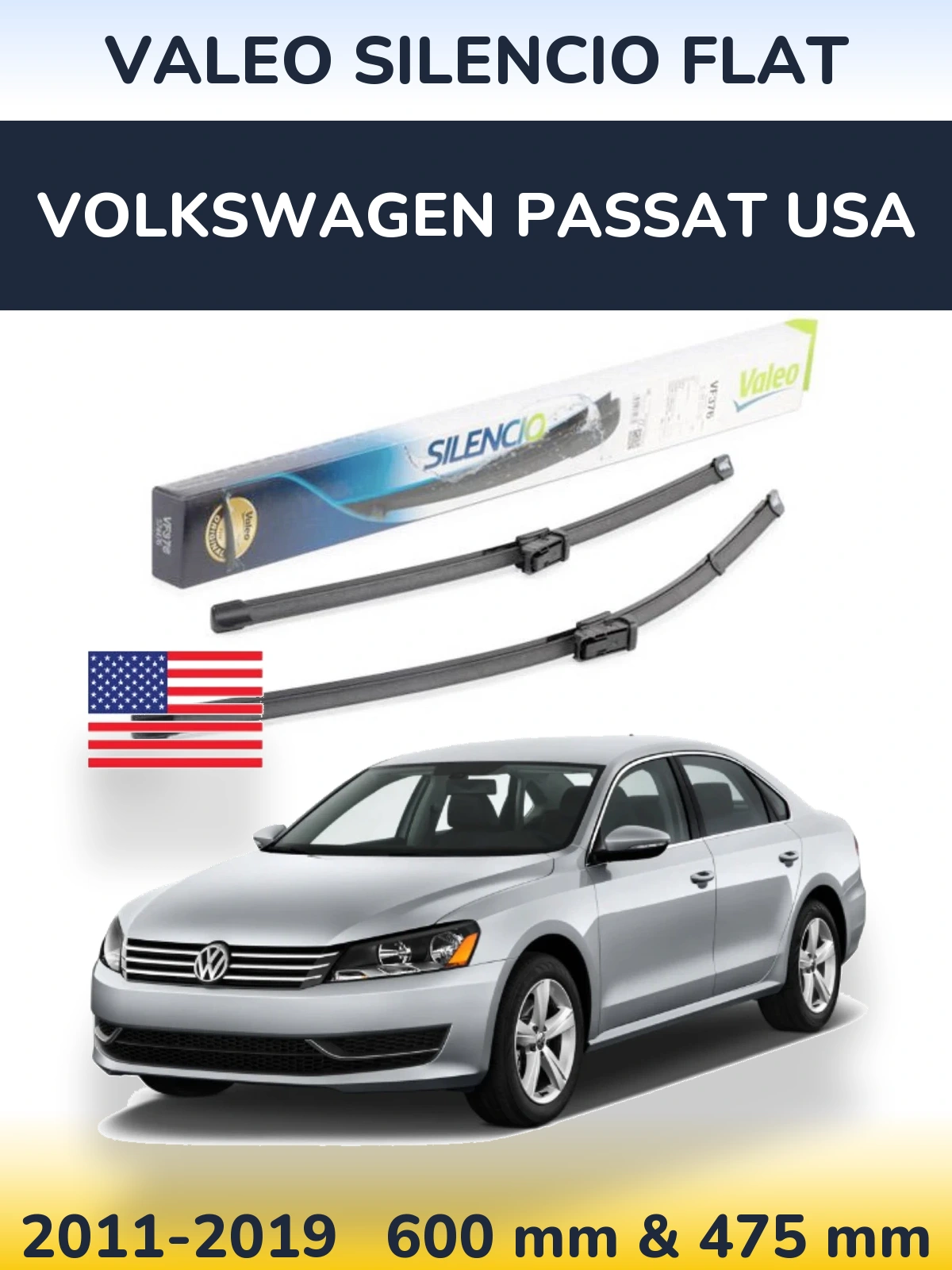 Комплект передних дворников Valeo Silencio Flat 600 & 475 мм для Volkswagen Passat USA 2011-2019