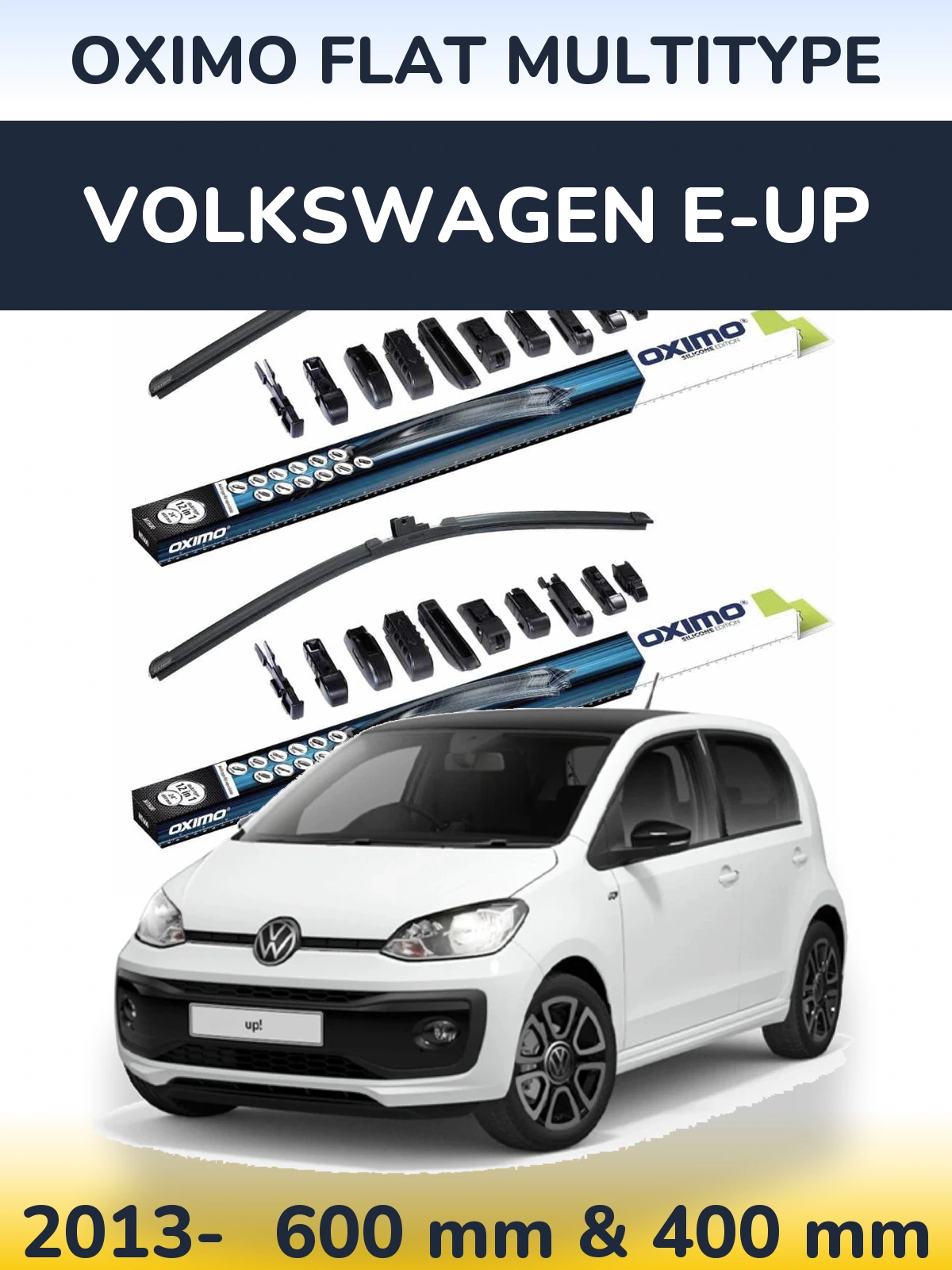 Front wiper blade set Oximo Flat MultiTüüpe 600 & 400 mm for Volkswagen e-Up 2013-2026