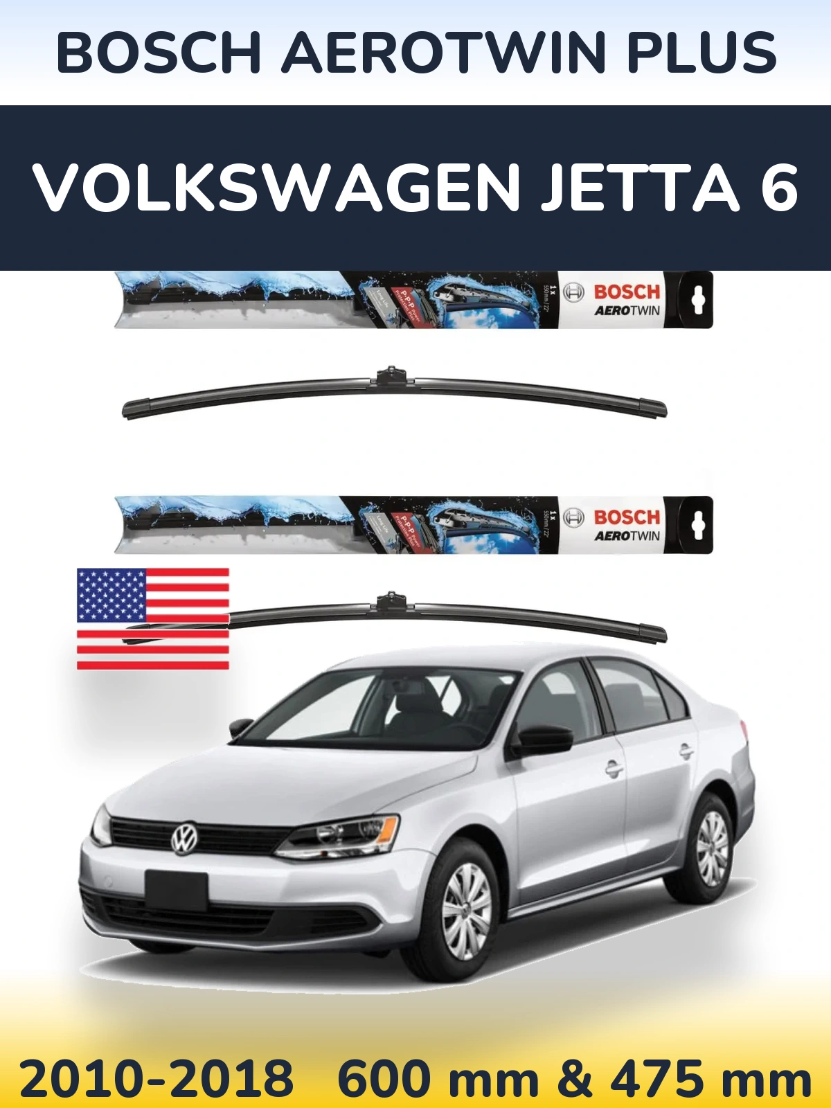 Комплект передних дворников BOSCH AeroTwin Plus 600 & 475 мм для Volkswagen Jetta 6 2010-2018