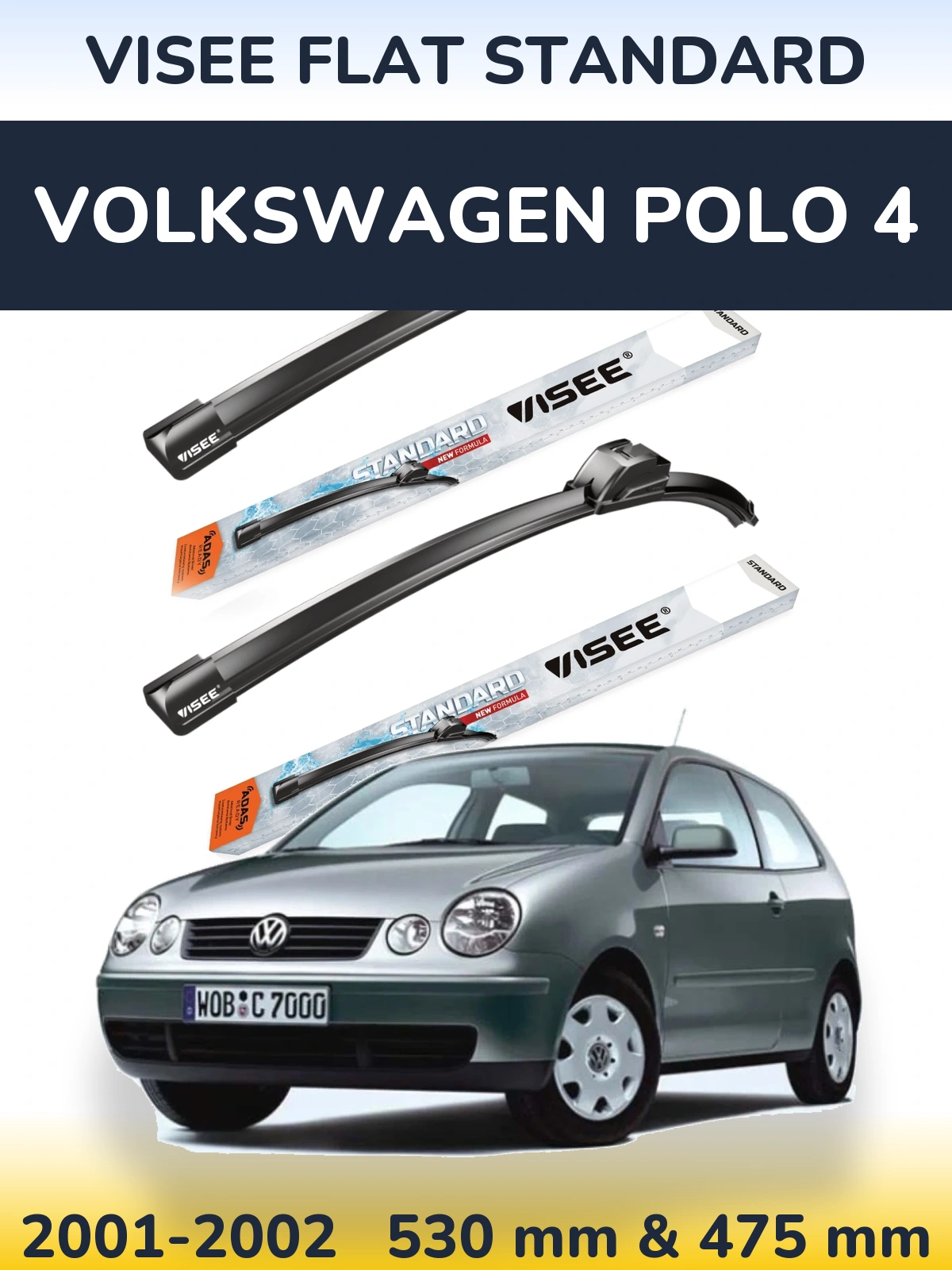 Комплект передніх щіток VISEE FLAT STANDARD 530 & 475 мм для Volkswagen Polo 4 2001-2002