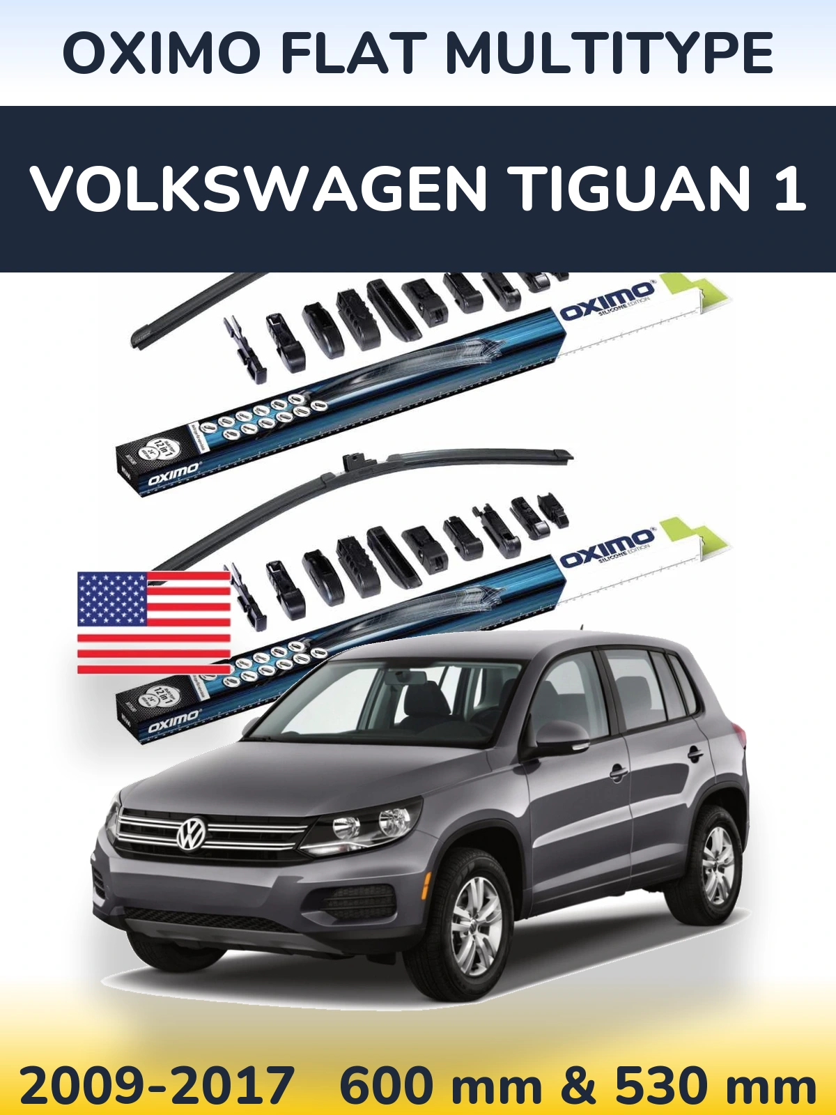 Front wiper blade set Oximo Flat MultiTüüpe 600 & 530 mm for Volkswagen Tiguan 1 2009-2017