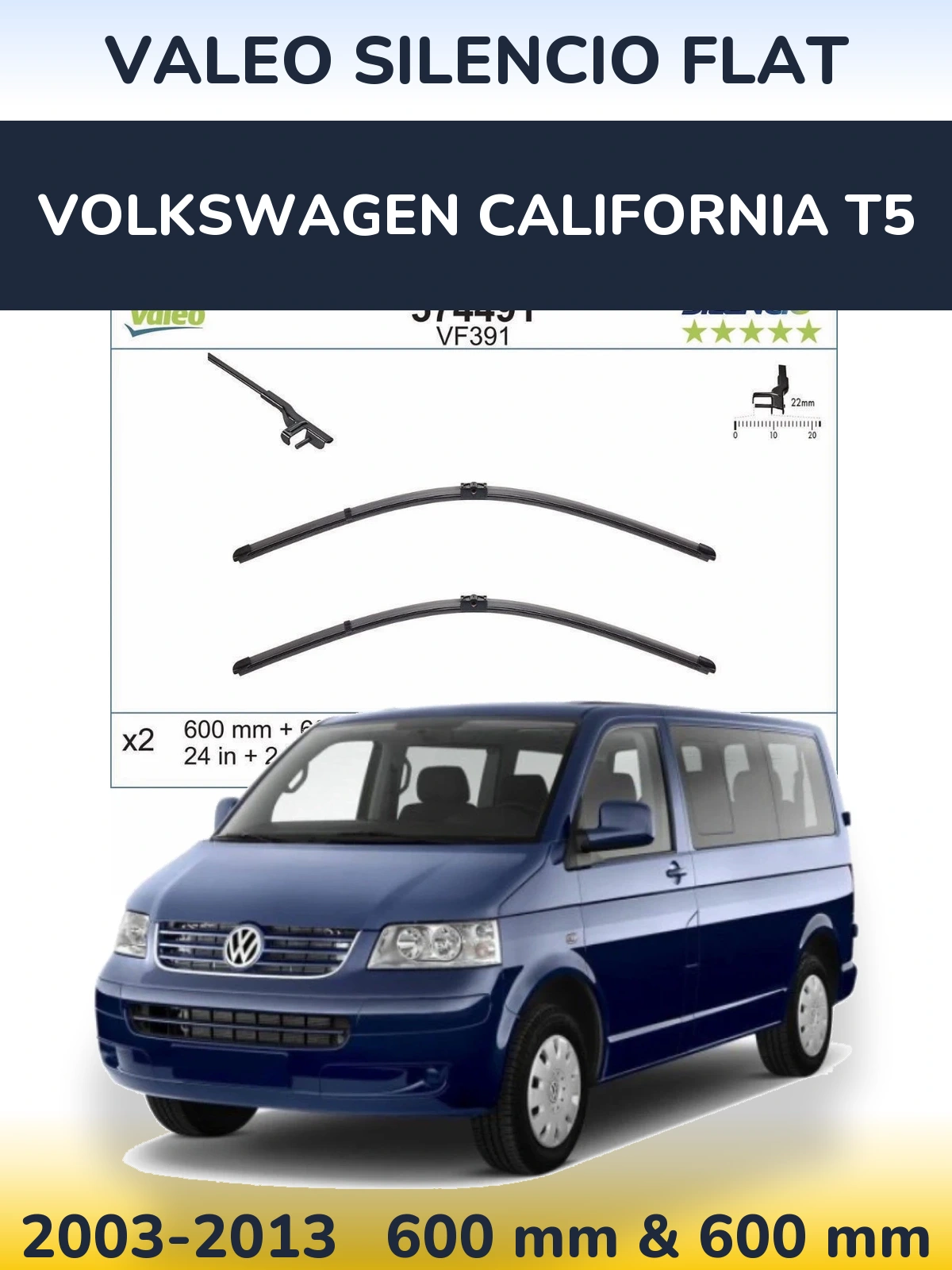 Front wiper blade set Valeo Silencio Flat 600 & 600 mm for Volkswagen California T5 2003-2013