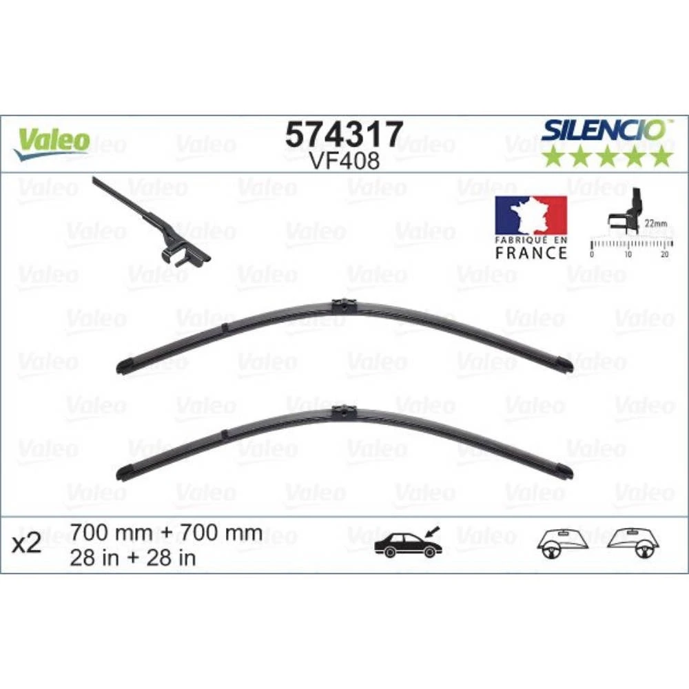 Front wiper blade set Valeo Silencio Flat 700 & 700 mm for Ford Galaxy 1 2001-2006