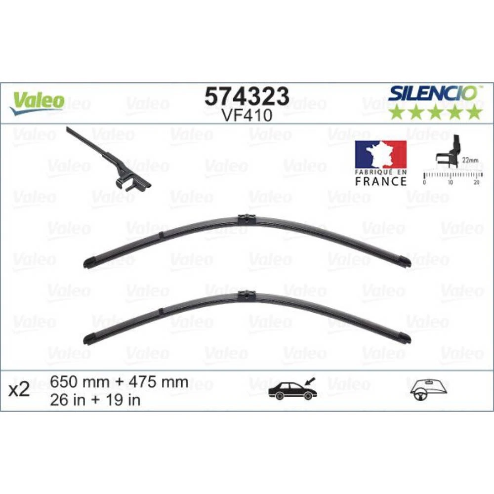 Front wiper blade set Valeo Silencio Flat 650 & 475 mm for Ford C-MAX 1 2003-2010