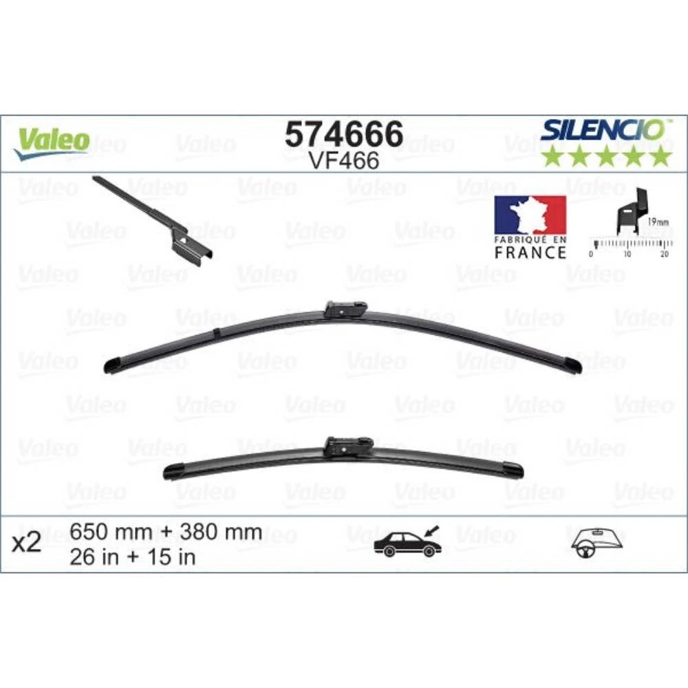 Front wiper blade set Valeo Silencio Flat 650 & 380 mm for Ford Fiesta 6 2008-2017