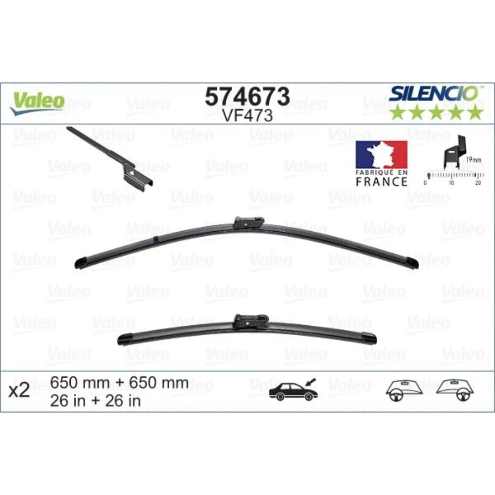 Front wiper blade set Valeo Silencio Flat 650 & 650 mm for Chevrolet Volt 2 2016-2019