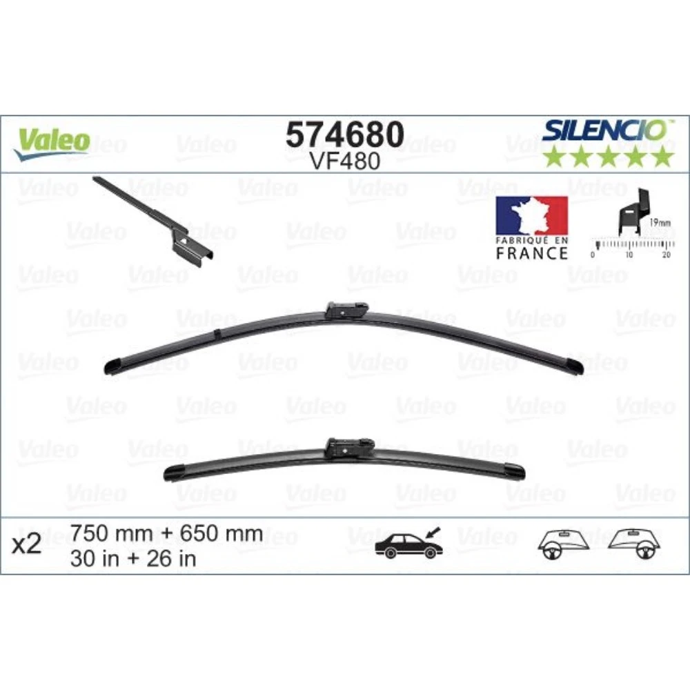 Front wiper blade set Valeo Silencio Flat 750 & 650 mm for Ford Galaxy 2 2006-2008