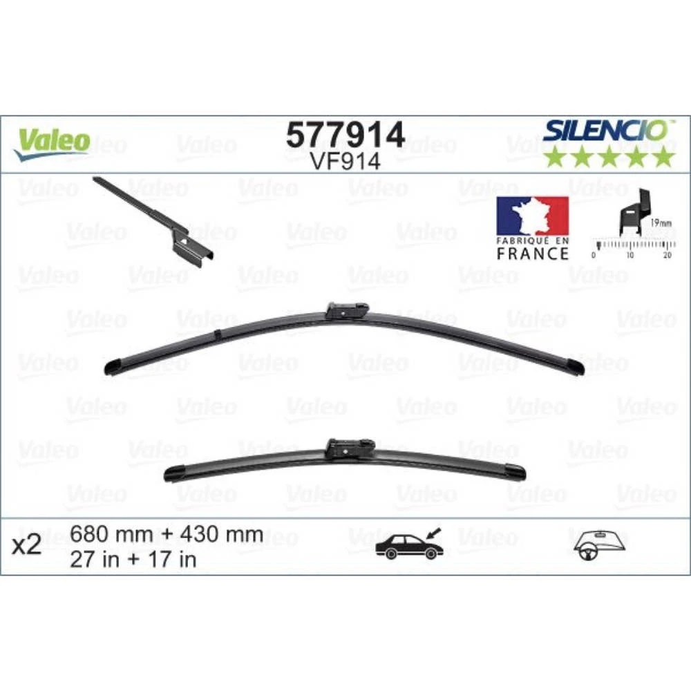 Front wiper blade set Valeo Silencio Flat 680 & 430 mm for Tesla Model S 2011-2020