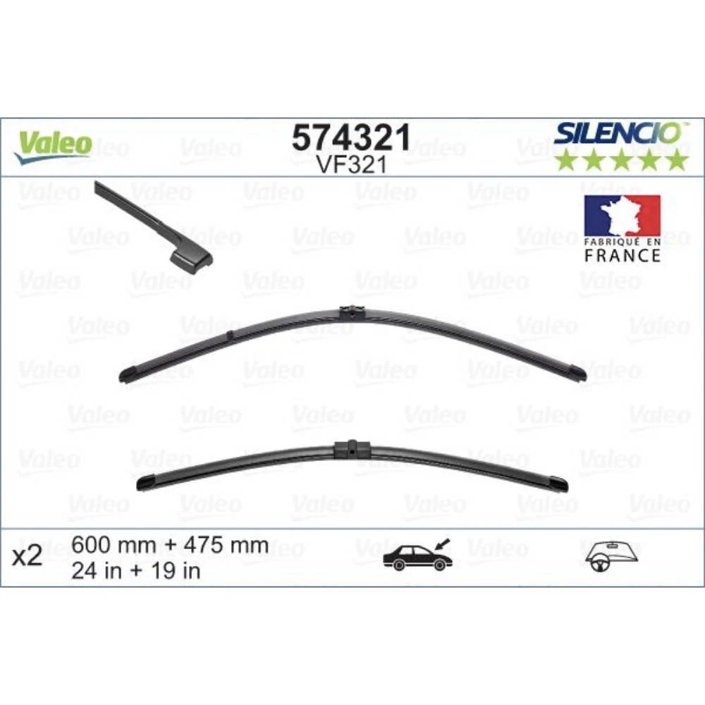 Front wiper blade set Valeo Silencio Flat 600 & 475 mm for Alpina B3 | D3 2005-2009