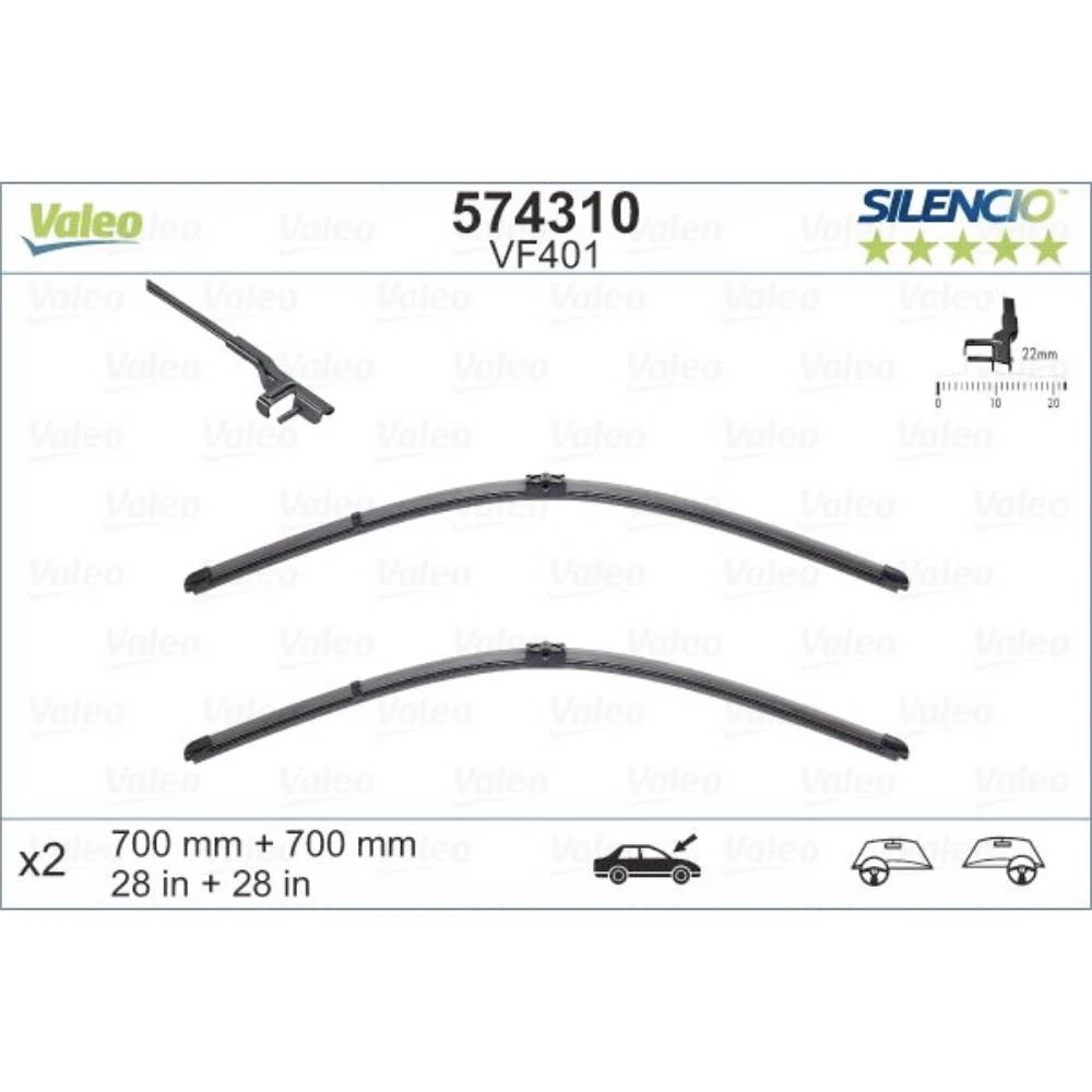 Front wiper blade set Valeo Silencio Flat 700 & 700 mm for Citroen C6 2004-2012