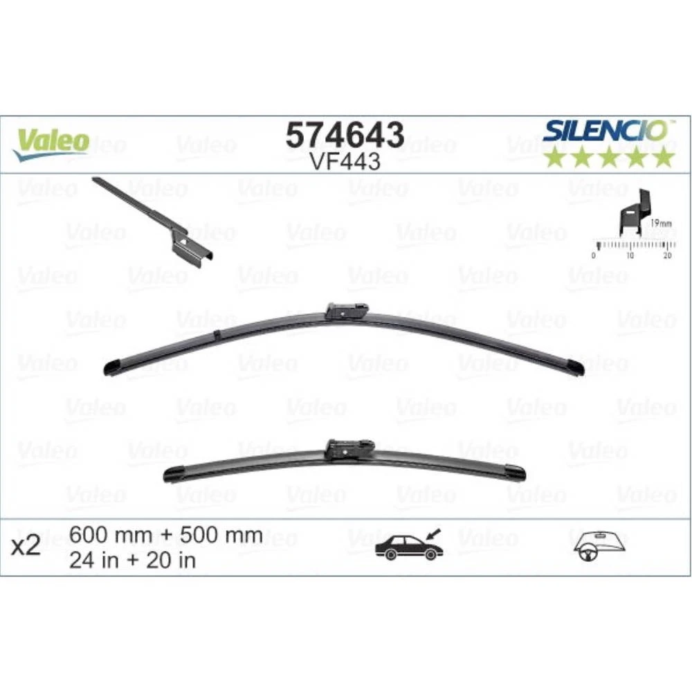 Front wiper blade set Valeo Silencio Flat 600 & 500 mm for Audi A5 2006-2007