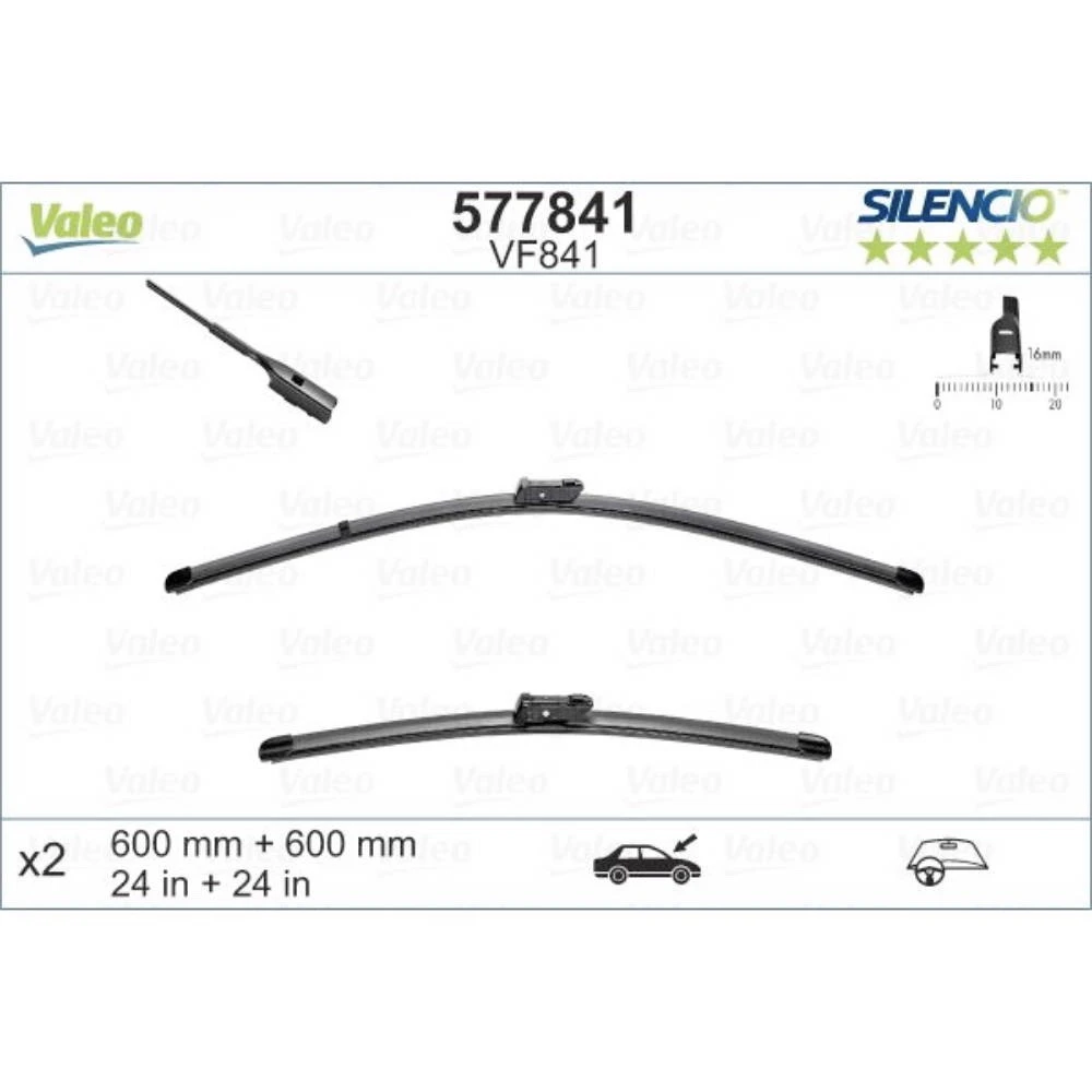 Front wiper blade set Valeo Silencio Flat 600 & 600 mm for Volkswagen Transporter T5 2013-2015